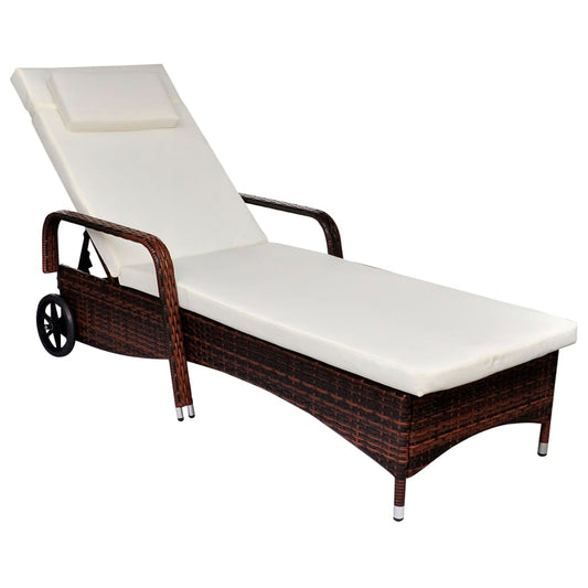 Sun Lounger with Wheels Poly Rattan Brown - Sunloungers