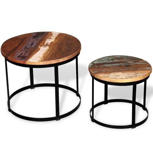 Two Piece Coffee Table Set Solid Reclaimed Wood Round 40cm/50cm - Coffee Tables