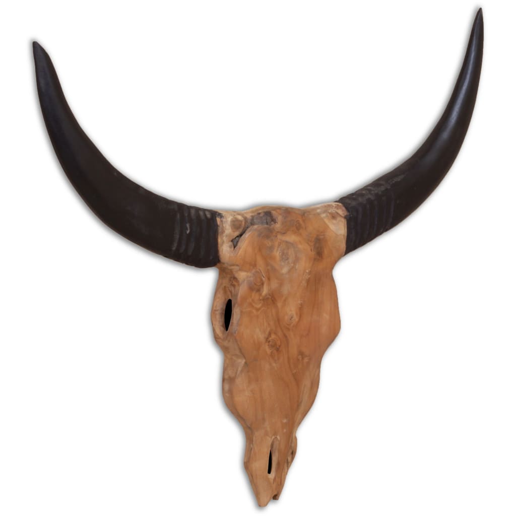 Wall-Mounted Bull Skull Sculpture Teak 69x6x60 cm - Figurines, Sculptures & Statues