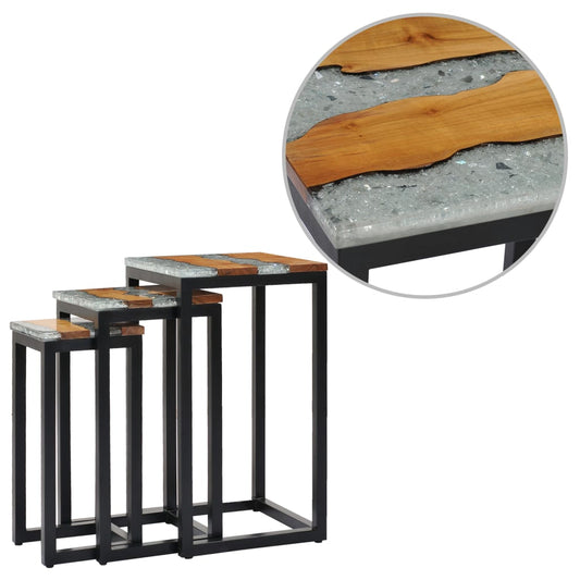 Nesting Tables 3 pcs Solid Teak Wood and Polyresin - End Tables