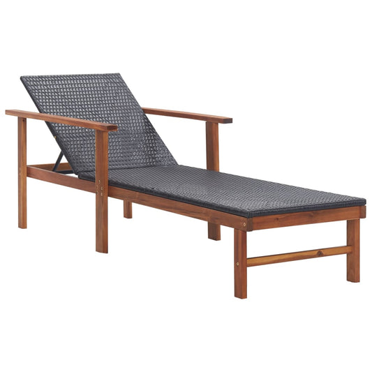 Sun Lounger Poly Rattan and Solid Acacia Wood Black - Sunloungers