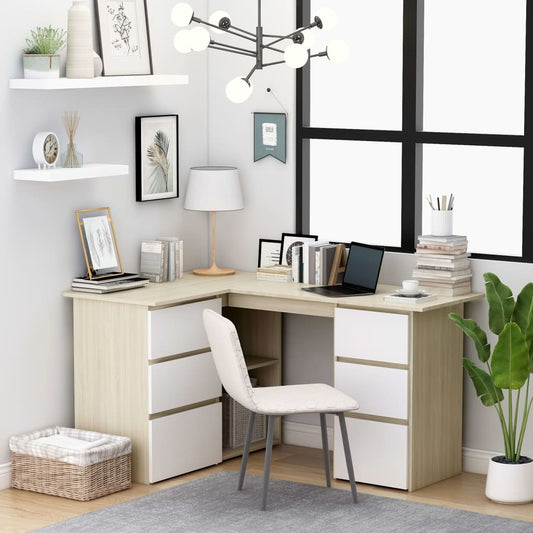 Corner Desk White and Sonoma Oak 145x100x76 cm Engineered Wood - Desks