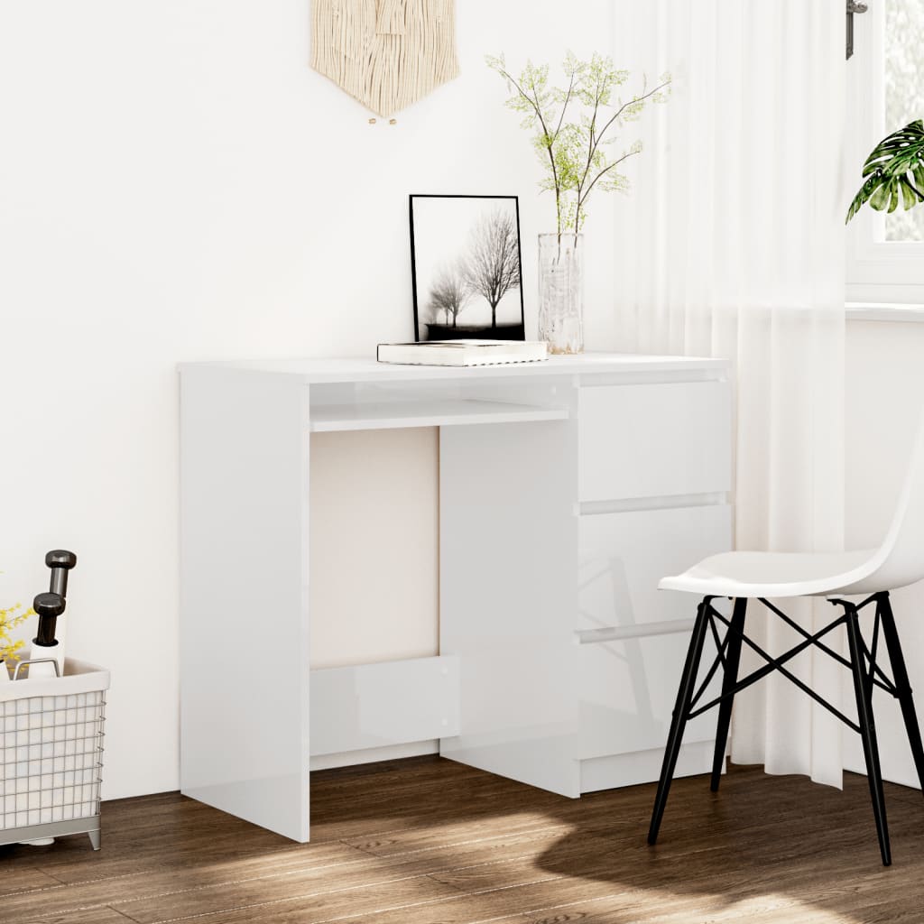 Desk High Gloss White 90x45x76 cm Engineered Wood - Desks