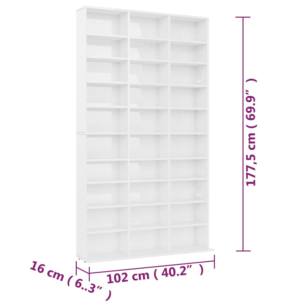 CD Cabinet High Gloss White 102x16x177.5 cm Engineered Wood - Media Storage Cabinets & Racks