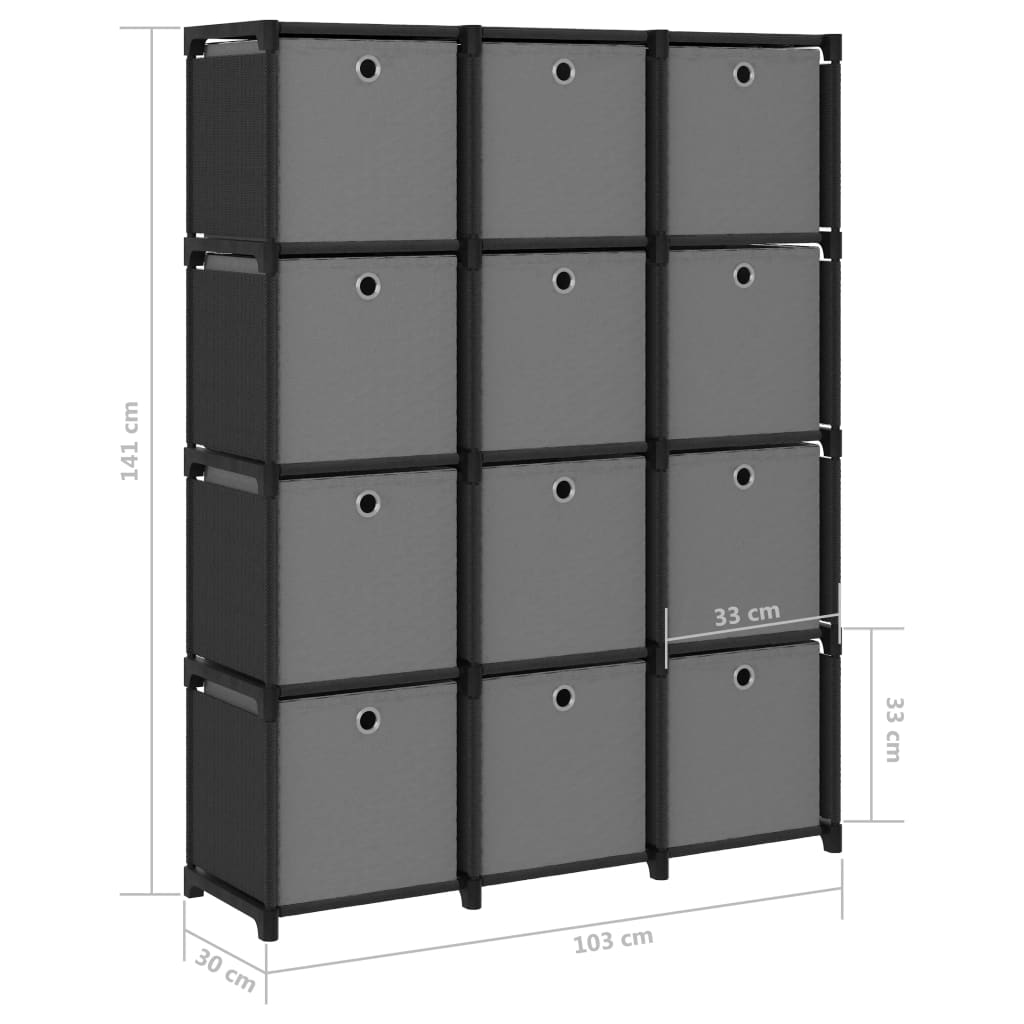 12-Cube Display Shelf with Boxes Black 103x30x141 cm Fabric - Bookcases & Standing Shelves