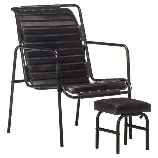 Relaxing Armchair with a Footrest Black Real Leather - Arm Chairs, Recliners & Sleeper Chairs