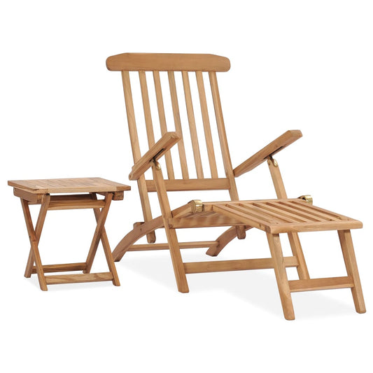 Garden Deck Chair with Footrest and Table Solid Teak Wood - Sunloungers