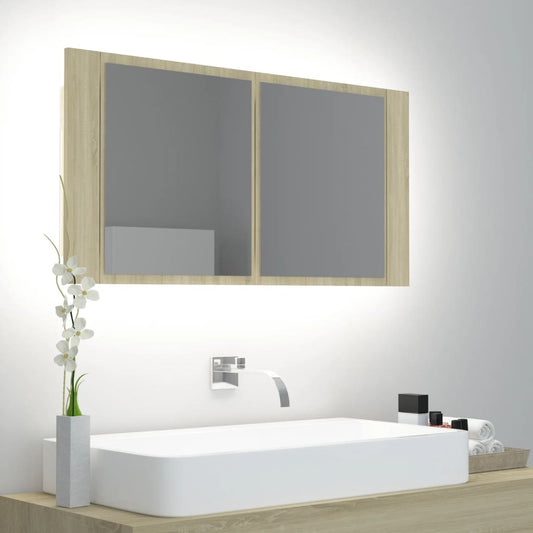 LED Bathroom Mirror Cabinet Sonoma Oak 90x12x45 cm Acrylic - Bathroom Vanity Units
