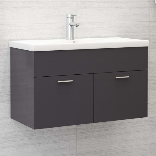 Sink Cabinet with Built-in Basin High Gloss Grey Engineered Wood - Bathroom Vanity Units