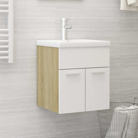 Sink Cabinet with Built-in Basin White and Sonoma Oak Engineered Wood - Bathroom Vanity Units