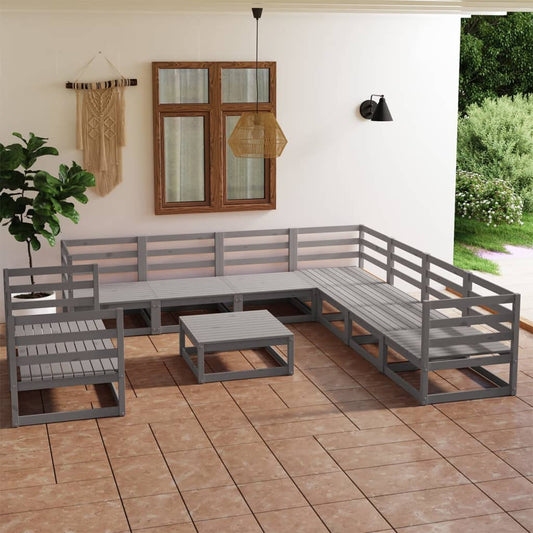 10 Piece Garden Lounge Set Grey Solid Pinewood - Outdoor Furniture Sets