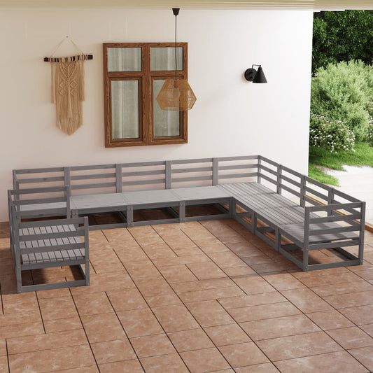 10 Piece Garden Lounge Set Grey Solid Pinewood - Outdoor Furniture Sets