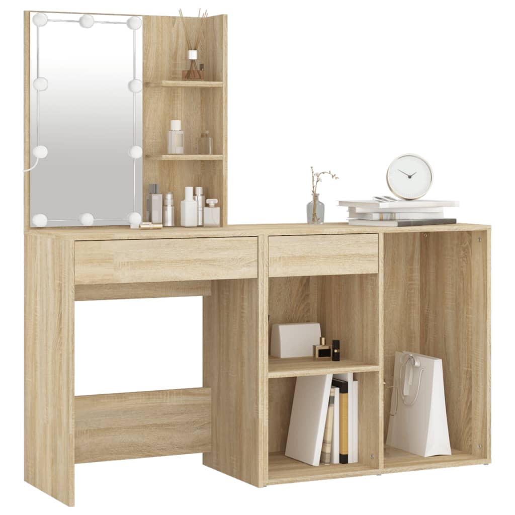 LED Dressing Table with Cabinet Sonoma Oak Engineered Wood - Bedroom Dressing Tables
