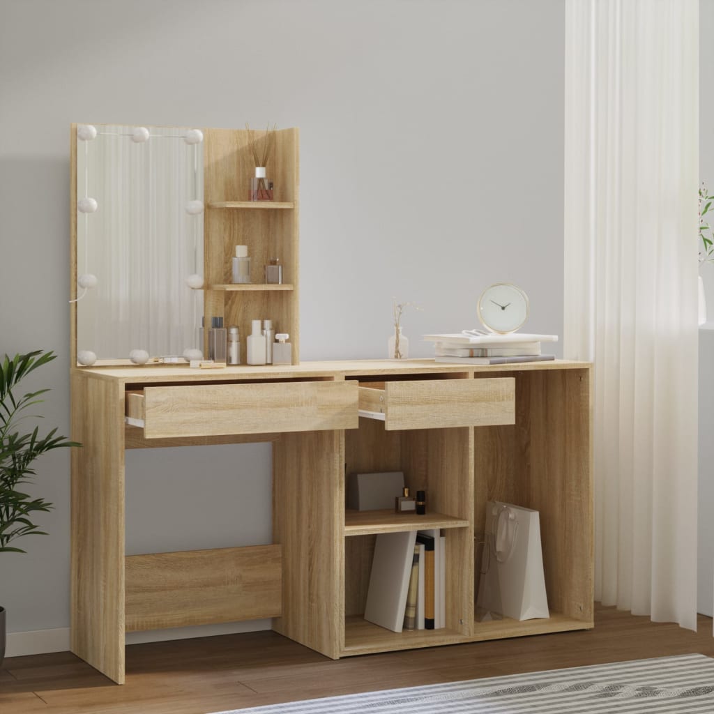 LED Dressing Table with Cabinet Sonoma Oak Engineered Wood - Bedroom Dressing Tables