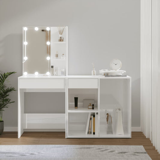 LED Dressing Table with Cabinet High Gloss White Engineered Wood - Bedroom Dressing Tables