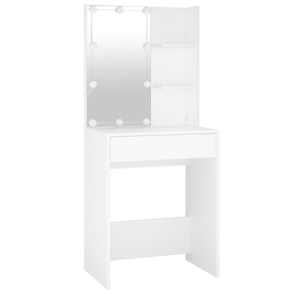 LED Dressing Table with 2 Cabinets White Engineered Wood - Bedroom Dressing Tables