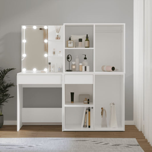 LED Dressing Table with 2 Cabinets White Engineered Wood - Bedroom Dressing Tables