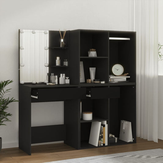 LED Dressing Table with Cabinets Black Engineered Wood - Bedroom Dressing Tables