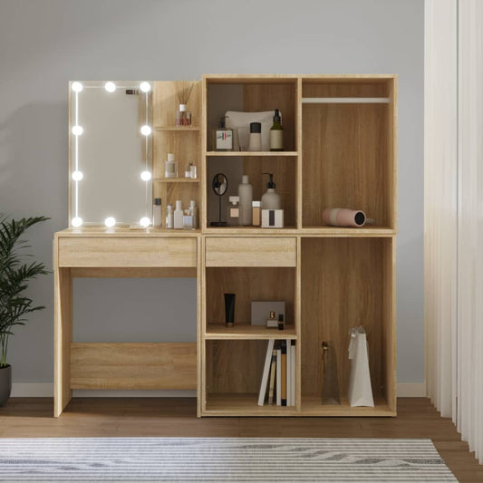 LED Dressing Table with 2 Cabinets Sonoma Oak Engineered Wood - Bedroom Dressing Tables
