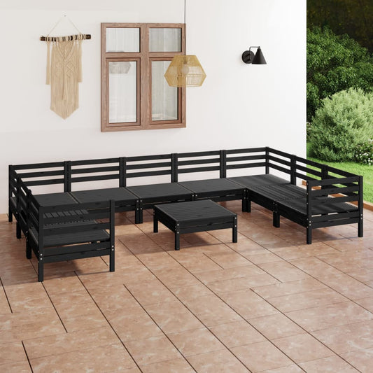 10 Piece Garden Lounge Set Black Solid Wood Pine - Outdoor Furniture Sets