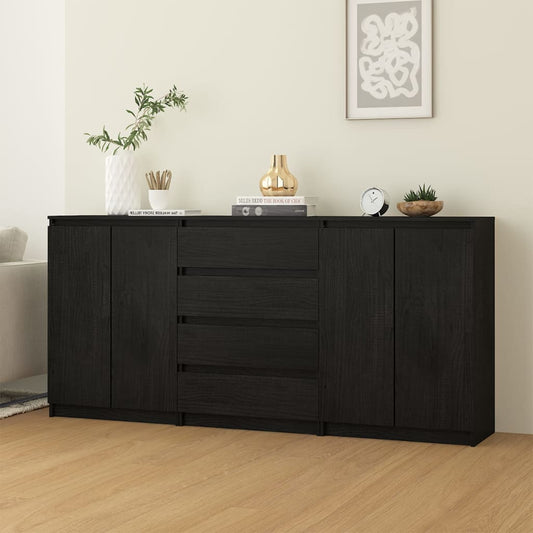 Side Cabinets 3 pcs Black Solid Pinewood - Buffets & Sideboards