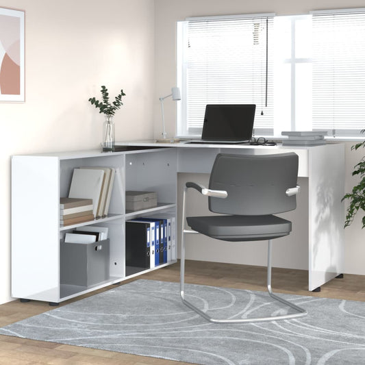 Corner Desk High Gloss White Engineered Wood - Desks