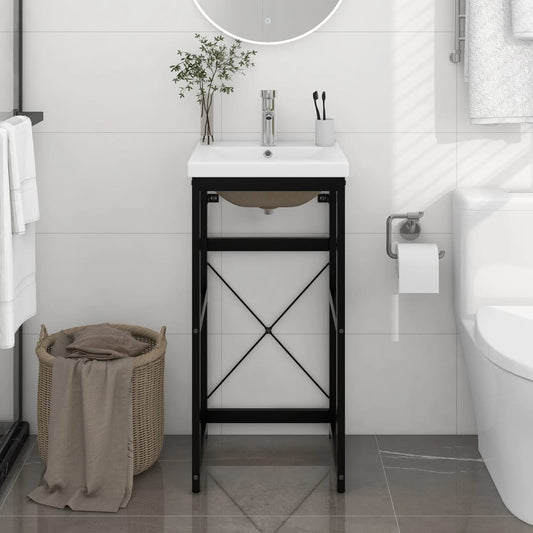 Bathroom Washbasin Frame with Built-in Basin Black Iron - Bathroom Vanity Units
