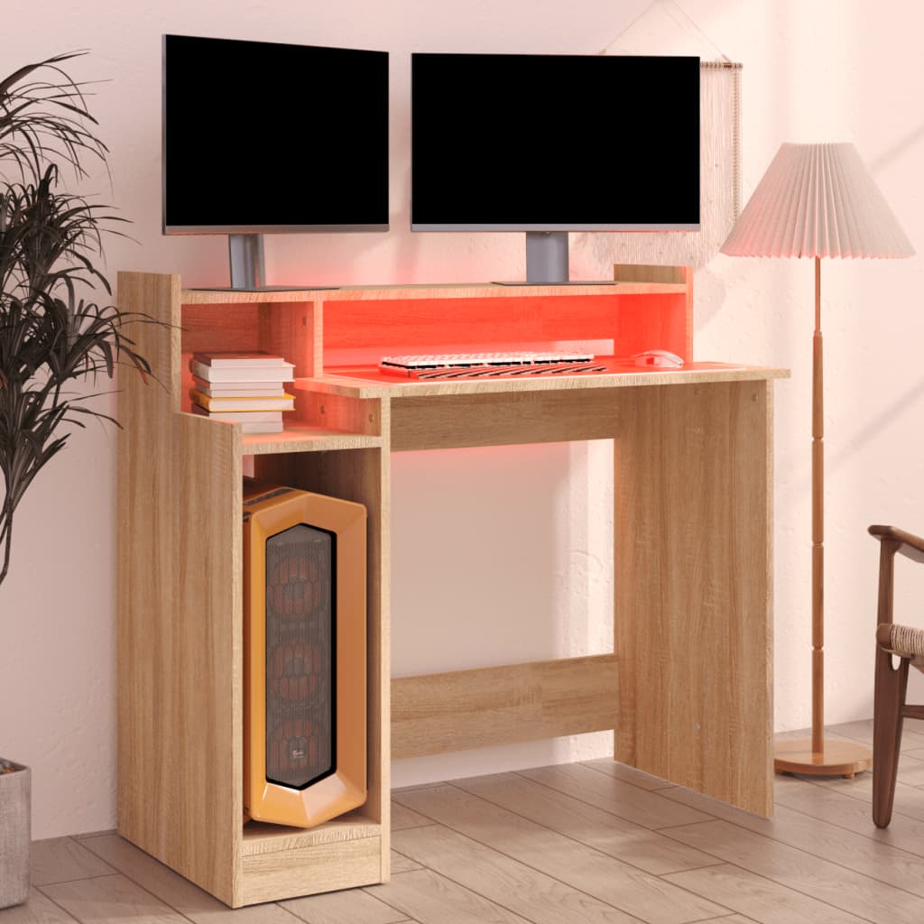 Desk with LED Lights Sonoma Oak 97x45x90 cm Engineered Wood - Desks