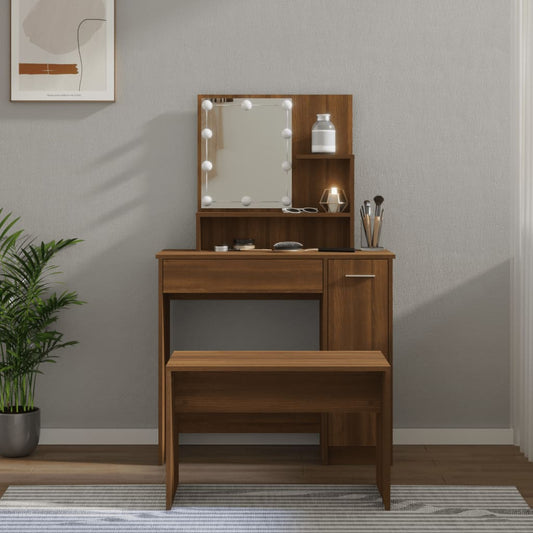 Dressing Table Set with LED Brown Oak Engineered Wood - Bedroom Dressing Tables