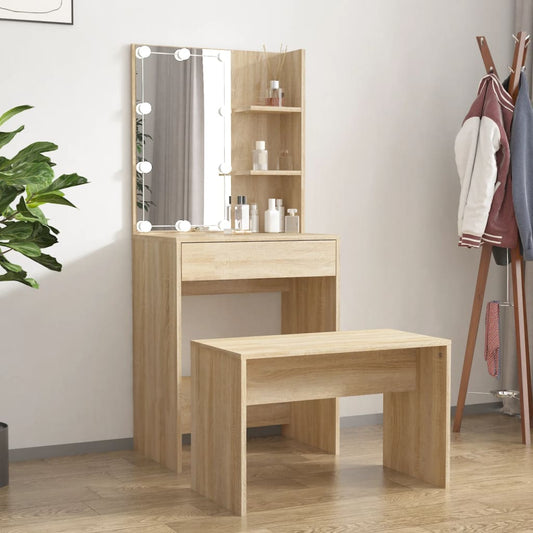 Dressing Table Set with LED Sonoma Oak Engineered Wood - Bedroom Dressing Tables