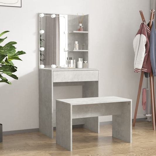 Dressing Table Set with LED Concrete Grey Engineered Wood - Bedroom Dressing Tables