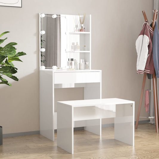 Dressing Table Set with LED High Gloss White Engineered Wood - Bedroom Dressing Tables