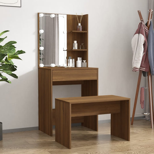 Dressing Table Set with LED Brown Oak Engineered Wood - Bedroom Dressing Tables