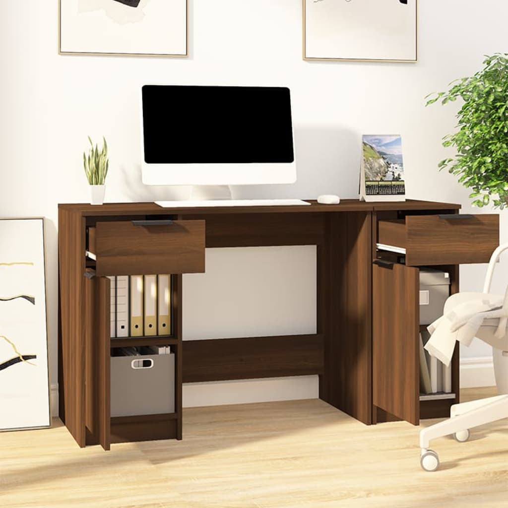 Desk with Side Cabinet Brown Oak Engineered Wood - Desks