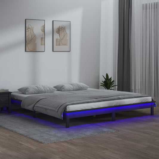 LED Bed Frame Grey 120x190 cm Small Double Solid Wood - Beds & Bed Frames