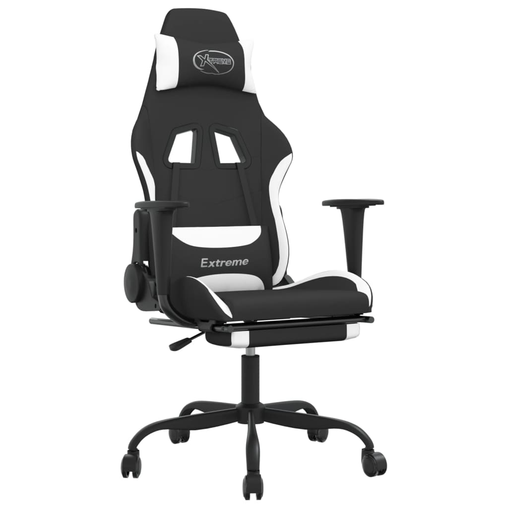 Swivel Gaming Chair with Footrest Black and White Fabric - Gaming Chairs