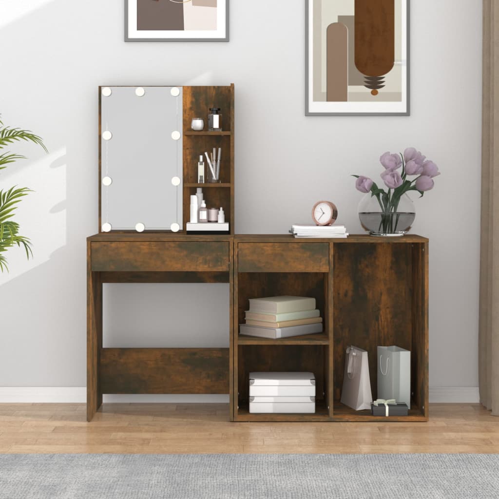 LED Dressing Table with Cabinet Smoked Oak Engineered Wood - Bedroom Dressing Tables