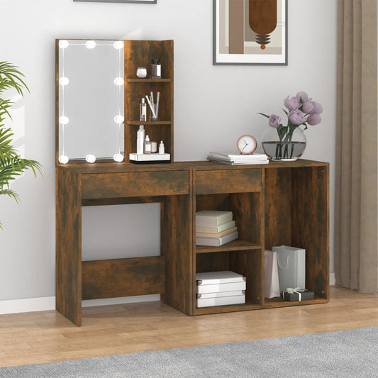 LED Dressing Table with Cabinet Smoked Oak Engineered Wood - Bedroom Dressing Tables