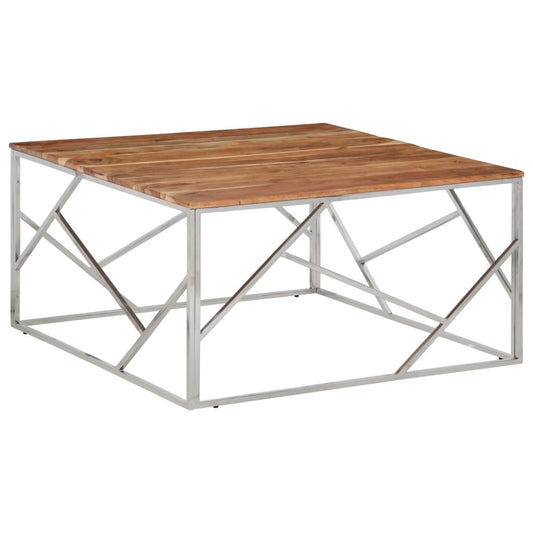 Coffee Table Silver Stainless Steel and Solid Wood Acacia - Coffee Tables
