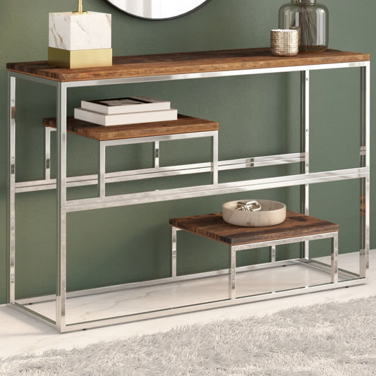 Console Table Silver Stainless Steel and Solid Sleeper Wood - Console Tables