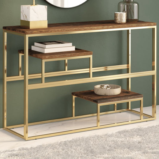 Console Table Gold Stainless Steel and Solid Sleeper Wood - Console Tables