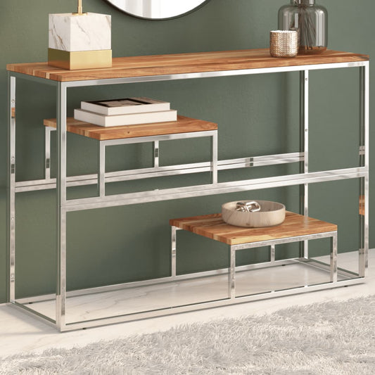 Console Table Silver Stainless Steel and Solid Acacia Wood - Console Tables