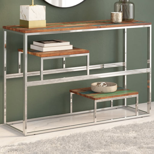 Console Table Silver Stainless Steel and Solid Reclaimed Wood - Console Tables