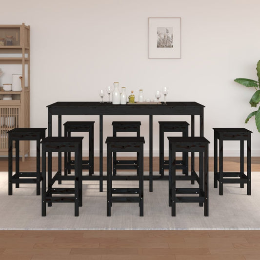 9 Piece Bar Set Black Solid Wood Pine - Kitchen & Dining Furniture Sets