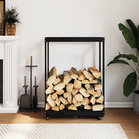 Log Holder with Wheels Black 76.5x40x108 cm Solid Wood Pine - Log Racks & Carriers