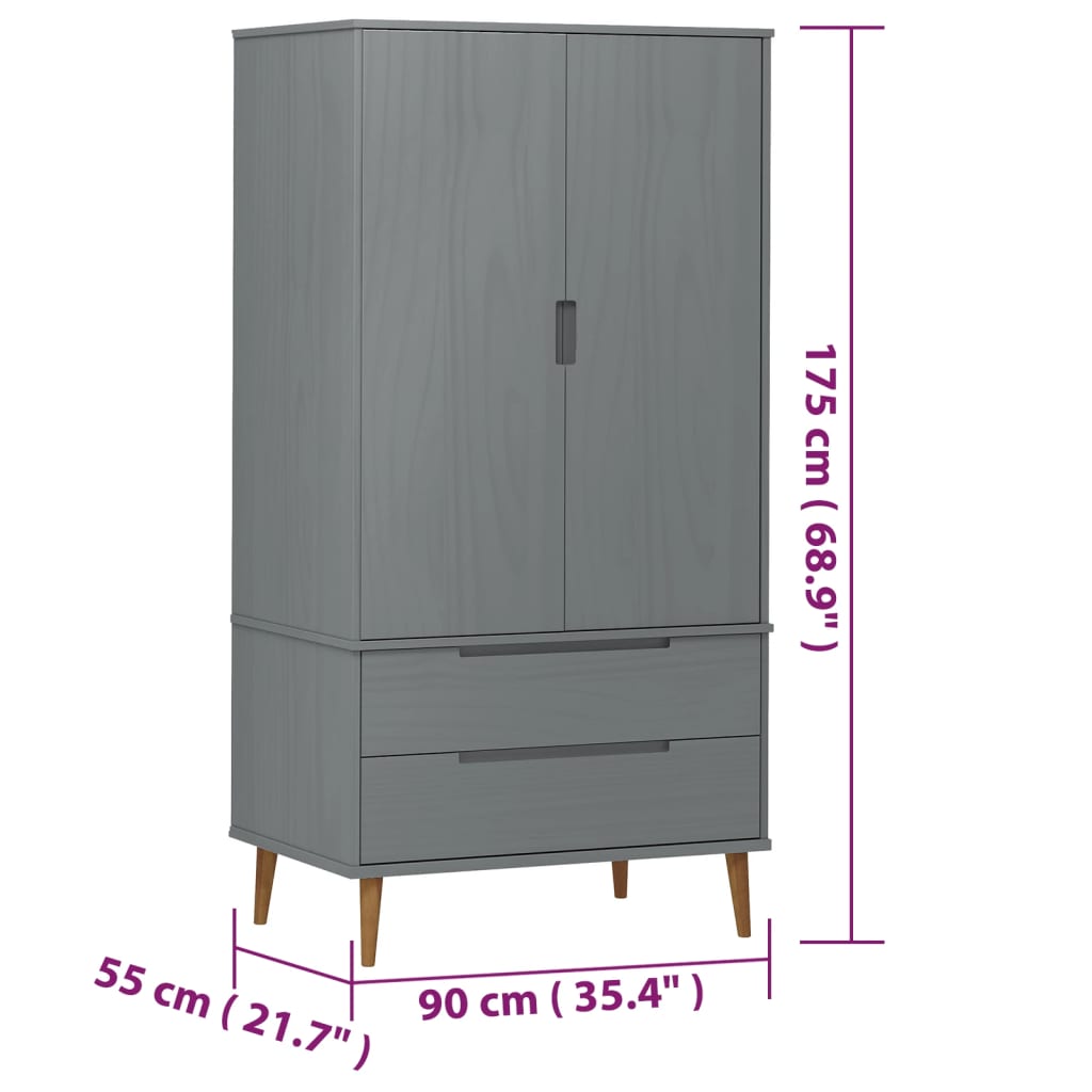 Wardrobe MOLDE Grey 90x55x175 cm Solid Wood Pine - Cupboards & Wardrobes