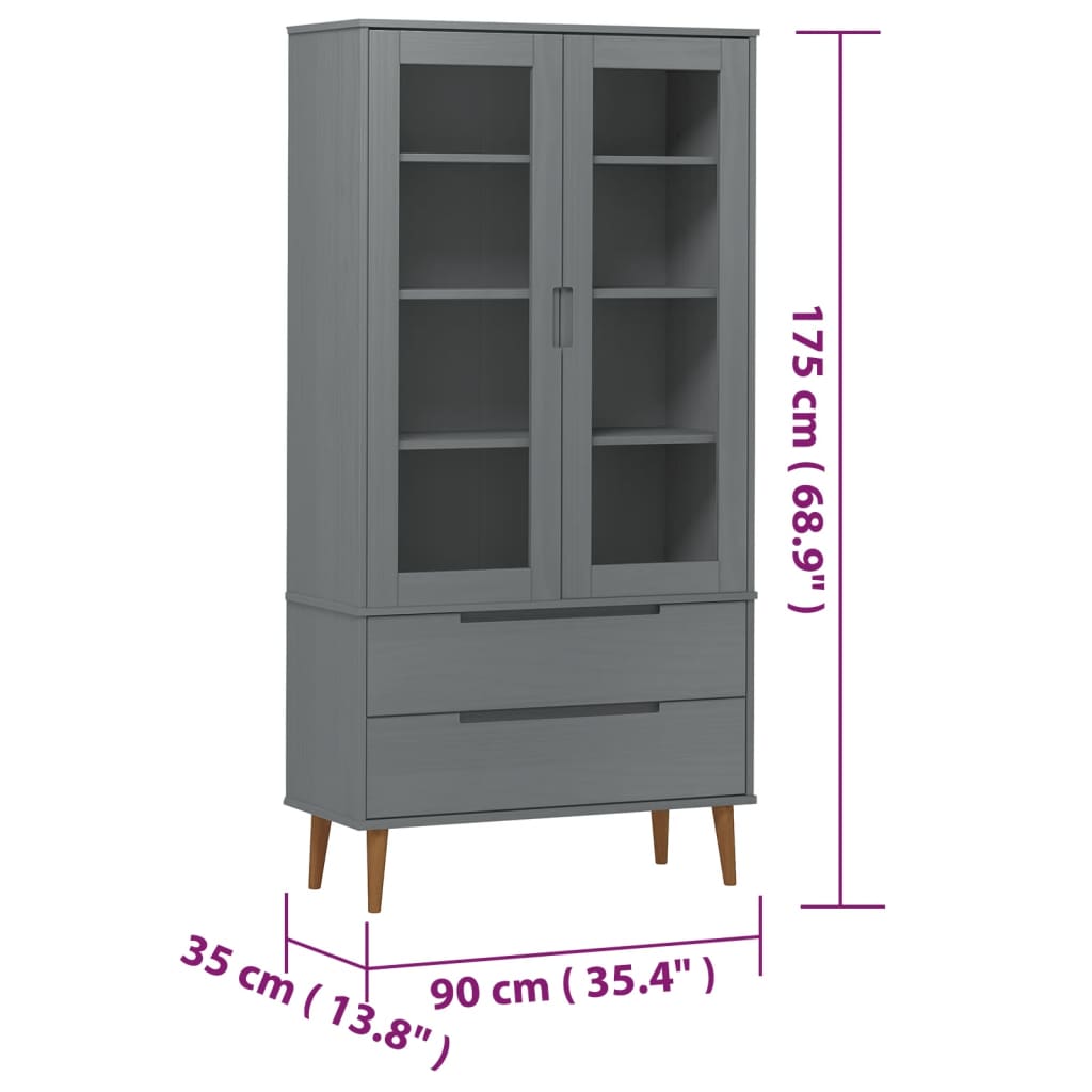Vitrine Cabinet MOLDE Grey 90x35x175 cm Solid Wood Pine - Bookcases & Standing Shelves