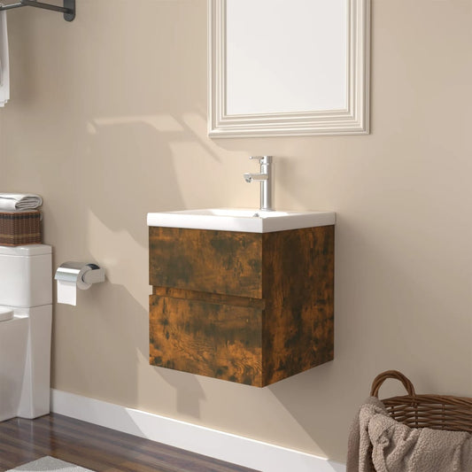 Sink Cabinet with Built-in Basin Smoked Oak Engineered Wood - Bathroom Vanity Units
