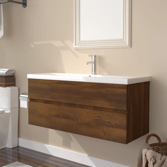 Sink Cabinet with Built-in Basin Brown Oak Engineered Wood - Bathroom Vanity Units