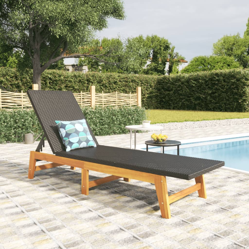 Sun Lounger Black and Brown Poly Rattan&Solid Wood Acacia - Sunloungers